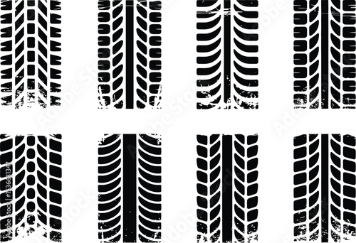 Set of Eight Black Tire Tread Marks with Grunge Texture Isolated