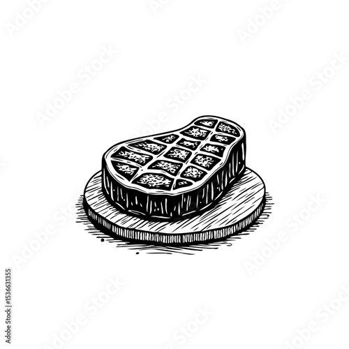 Hand-drawn vector illustration of a delicious grilled steak on wooden board