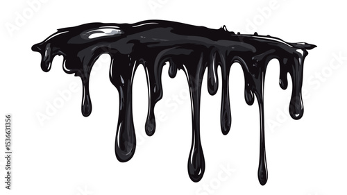 Close-up shot of a black liquid or paint substance dripping downwards against a stark white background. The liquid has a glossy appearance and uneven texture, showing variations in thickness and