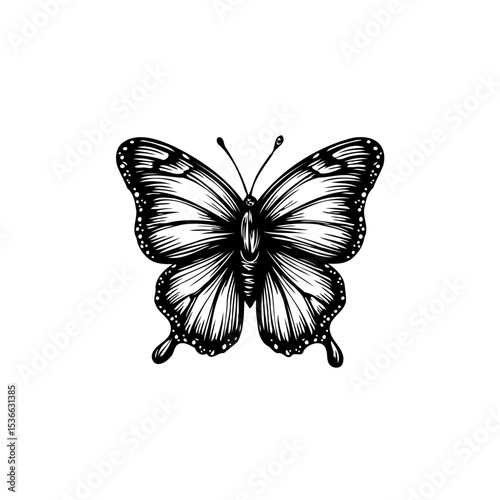 Elegant Black and White Butterfly Illustration with Intricate Wing Pattern Design