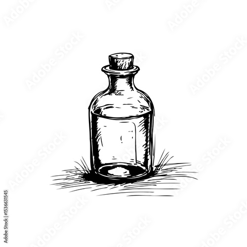 Hand-drawn potion bottle with cork stopper, isolated on white background, simple sketch