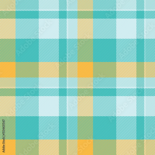 Vibrant teal, yellow, and beige plaid pattern.  Perfect for textile designs, website backgrounds, or crafting projects. This cheerful, summery design evokes feelings of warmth and optimism.