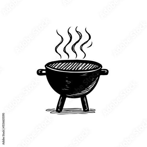 Stylized barbecue grill illustration with smoke on white background line art