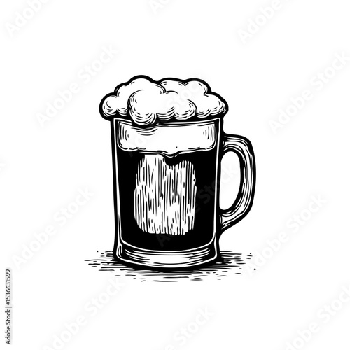 Monochrome illustration showcasing a brimming beer mug with foamy head in detail