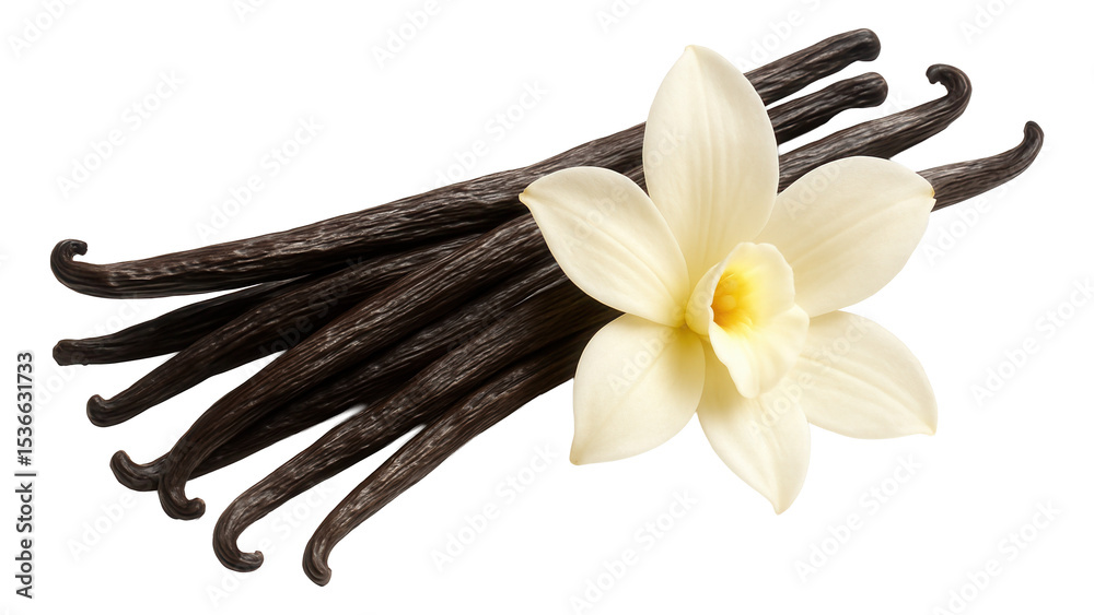 Naklejka premium A cluster of fragrant vanilla beans accompanied by a blooming vanilla orchid flower on transparent background.
