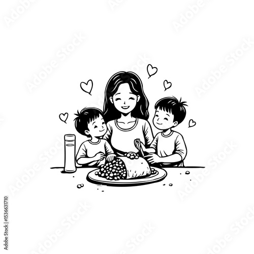 Affectionate Mother and Sons Sharing a Meal, Symbolizing Love and Family Togetherness