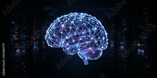 Digital brain with glowing nodes and connections against a dark blurred background scene image