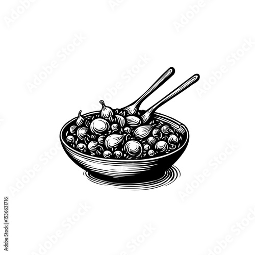 Monochrome illustration of a bowl filled with figs, accompanied by two spoons