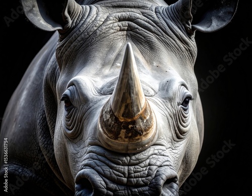 Powerful frontal portrait of rhinoceros on dark background, showcasing sharp horn, textured gray skin, and conservation message for wildlife awareness.