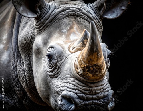 Hyper-detailed rhinoceros face on dark backdrop, sweeping horn, rugged gray folds, symbolizing endangered wildlife and urgent global conservation awareness.