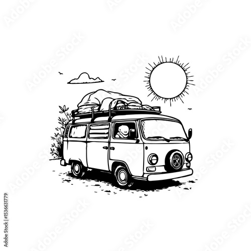Vintage Adventure: Hand-Drawn Campervan with Scenic Landscape and Retro Charm Illustration