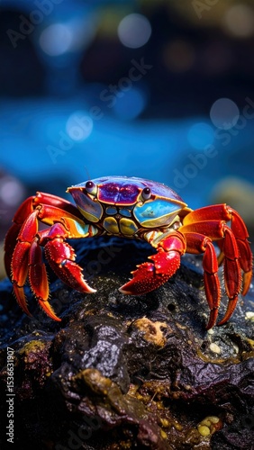 Brightly hued crab rests on dark volcanic rock against blurred blue ocean bokeh, showcasing vivid red claws and iridescent carapace.