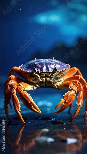 Bright orange-clawed marine crab poised on wet rock, glossy blue carapace reflecting light against a deep, bokeh-filled ocean backdrop.