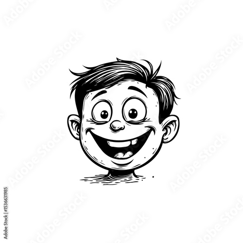 Cheerful Cartoon Boy's Face: A Black and White Illustration with Joyful Expression