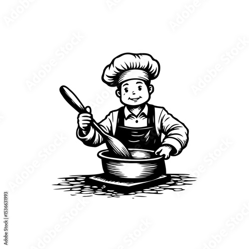 Charming Chef Illustration: Stirring Delight with Wholesome Culinary Expertise