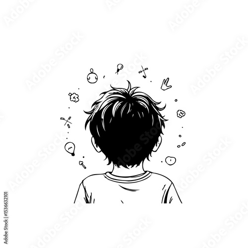 Back view of a young boy with imaginative doodles, a simple line drawing