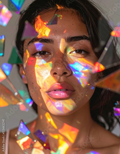 Artistic portrait of a woman illuminated by vibrant, prismatic light reflections from broken glass or holographic surfaces, creating a surreal visual effect.