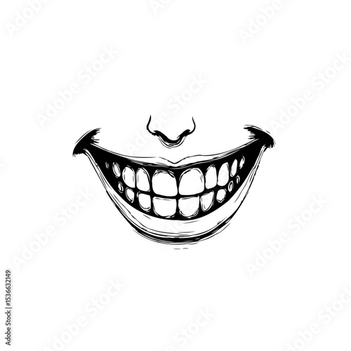 Abstract ink drawing: close-up of a stylized toothy smile with a nose above