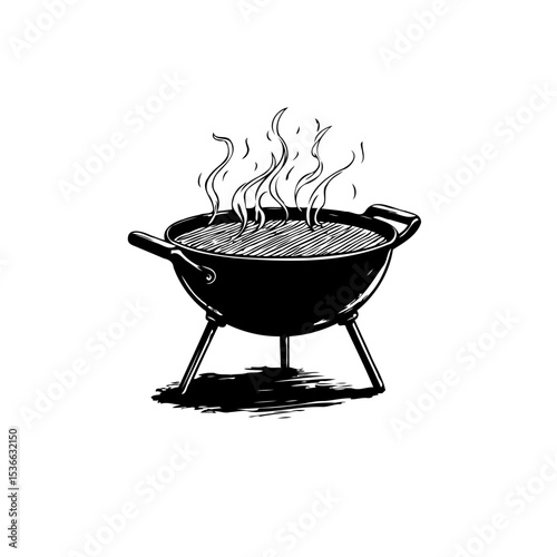 Vintage barbecue grill illustration with smoke, showcasing outdoor cooking and summer vibes