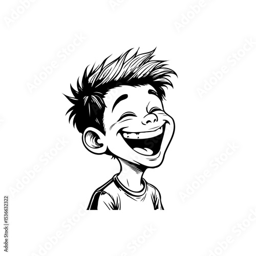 Cheerful Cartoon Boy with Spiky Hair Smiling Brightly in Black and White Outline