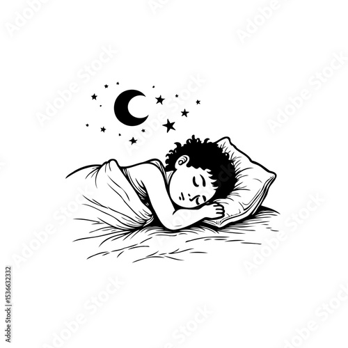 Peaceful Slumber: Black and White Illustration of a Child Sleeping Under the Stars
