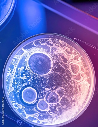 Close-up of a petri dish showing circular bacterial or chemical growth patterns illuminated by vibrant blue and pink neon lighting.