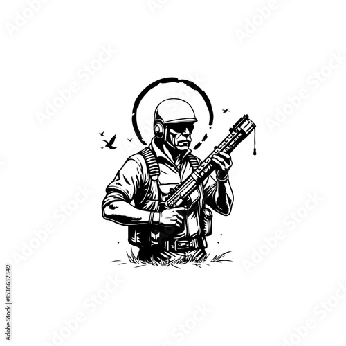 Focused soldier with assault rifle in minimalist vector design illustration