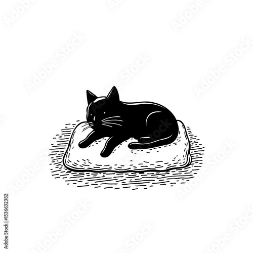 Minimalist black cat illustration resting peacefully on a soft fluffy pillow