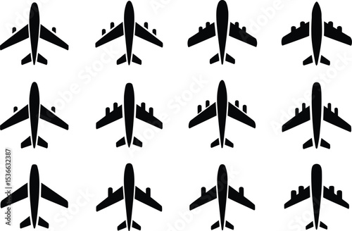 Seamless Pattern of Black Airplane Icons on a White Background for Creative Projects