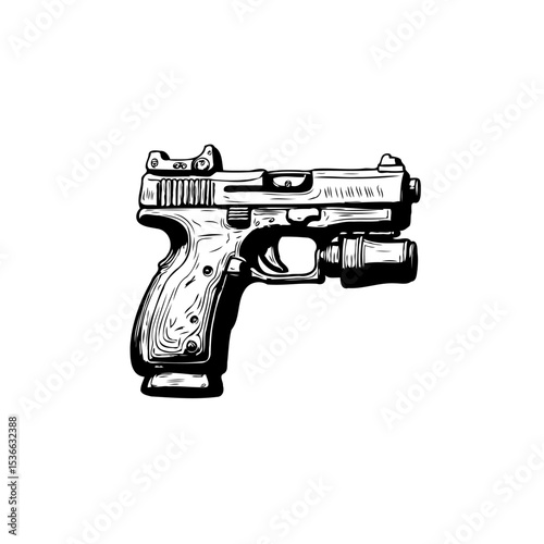 Detailed Sketch of a Semi-Automatic Handgun with Tactical Light Attachment