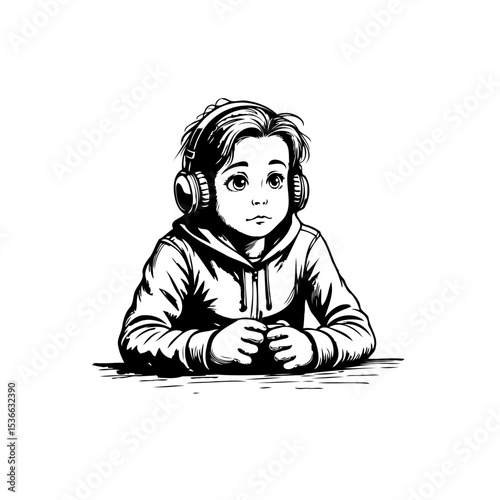 Adorable Young Boy Engrossed in Music with Headphones in Black and White Drawing