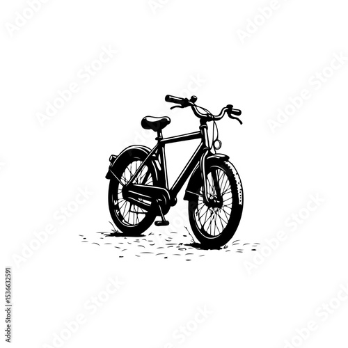 Monochrome illustration of a classic bicycle with distinctive frame and tires