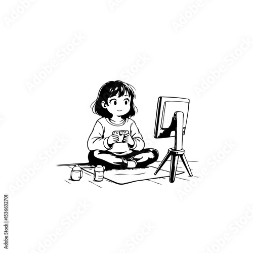 Charming Anime Girl Enjoying Tea and Watching a Screen, A Moment of Tranquility