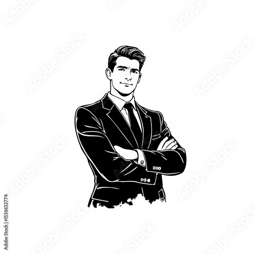 Confident Businessman Illustration: A Black and White Portrait of Success and Leadership