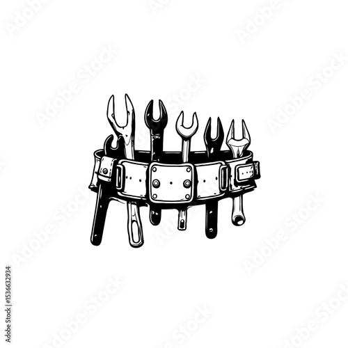 Stylized vintage illustration of a tool belt with wrenches, evoking craftsmanship