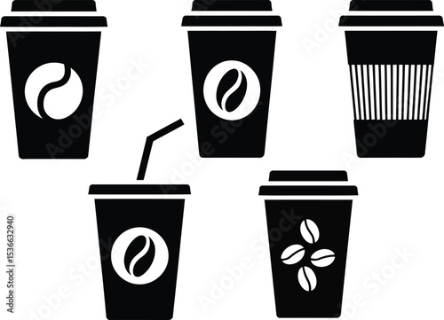Black and white coffee cups with different designs for a coffee shop