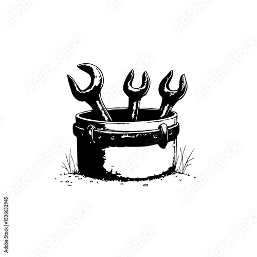 Monochrome illustration featuring a metal bucket overflowing with hand tools