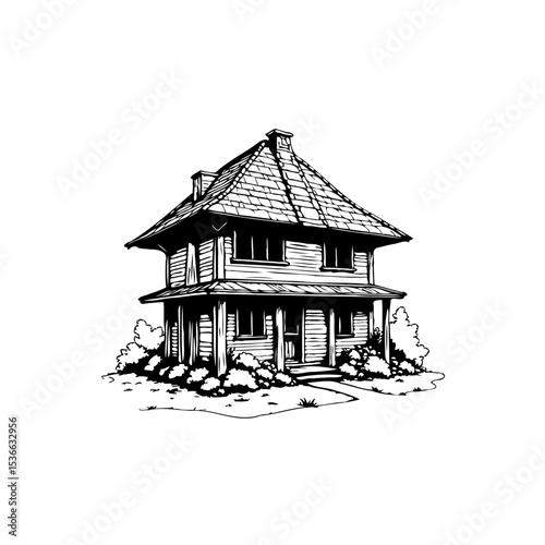 Stylized monochrome illustration of a charming two-story house with surrounding greenery