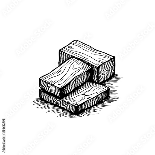 Hand-Drawn Wood Blocks Illustration: Stacked Lumber with Grain Detail, Black and White Sketch