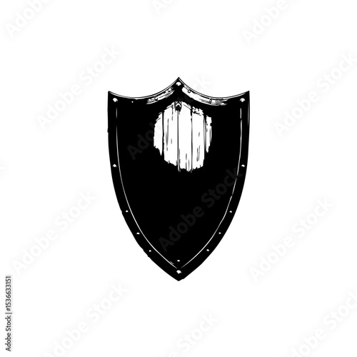 Minimalist black shield illustration with distressed texture on a white background