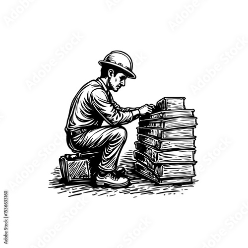 Focused worker with hardhat organizing stacked books in a monochromatic illustration