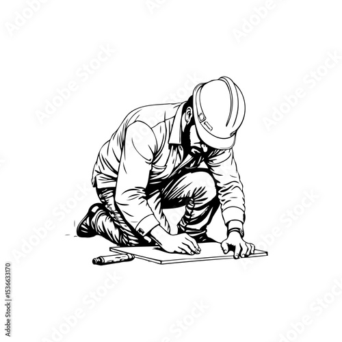 Detailed Line Art Illustration of a Construction Worker Kneeling and Working Carefully