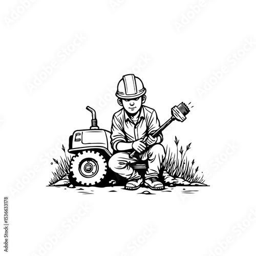 Illustration of a construction worker with equipment in black and white style