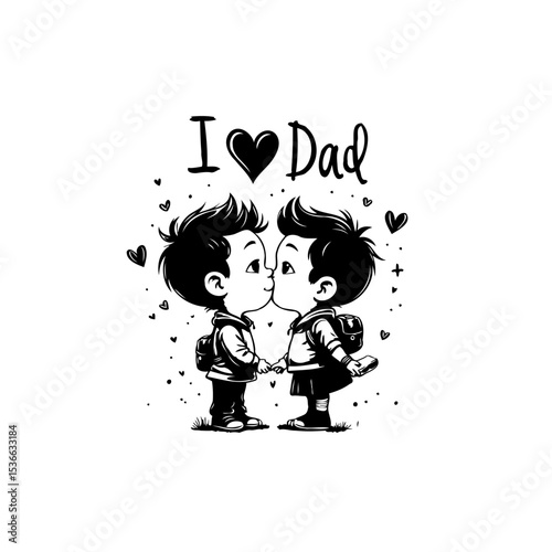 Heartwarming Illustration: Two Adorable Boys Expressing Love for Dad in Black and White