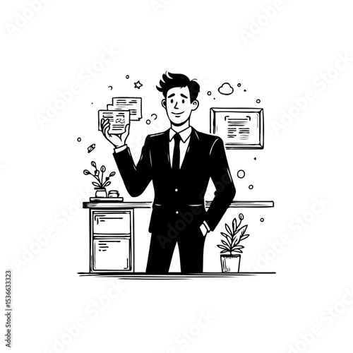Stylish businessman holding cards presents a confident and modern workplace image