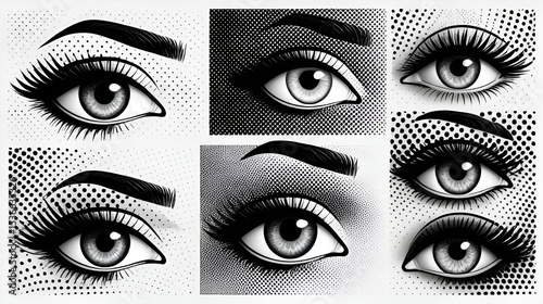 Retro halftone collage elements, halftone effect design, eye retro design