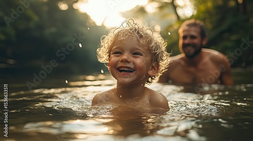 A joyous child laughing in a river with his father at sunset water reflecting