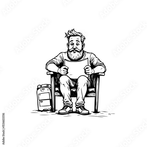 Line art illustration of a bearded man relaxing in a chair reading a blank paper