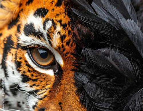 Stunning macro image blending a tiger intense eye and fur with dark feathers, symbolizing strength, mystery, and wild nature.
