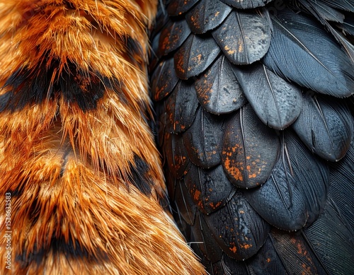 Macro image showing a striking contrast between orange tiger fur and layered black feathers with orange speckles, highlighting wild textures.
